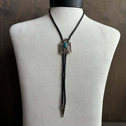 Vintage Thunderbird Bolo on Black Leather Tie