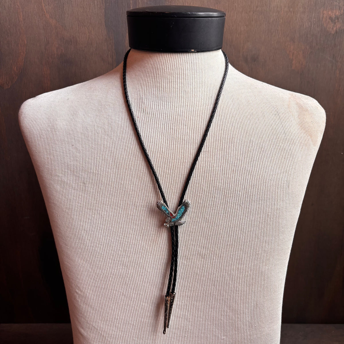 Turquoise Chip Bird Bolo on Black Leather Tie