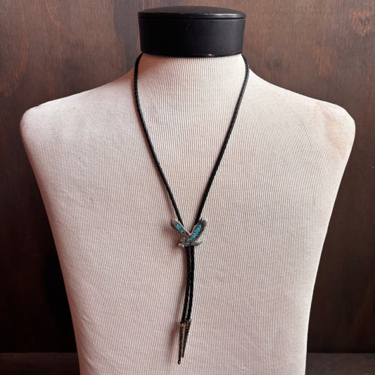 Turquoise Chip Bird Bolo on Black Leather Tie