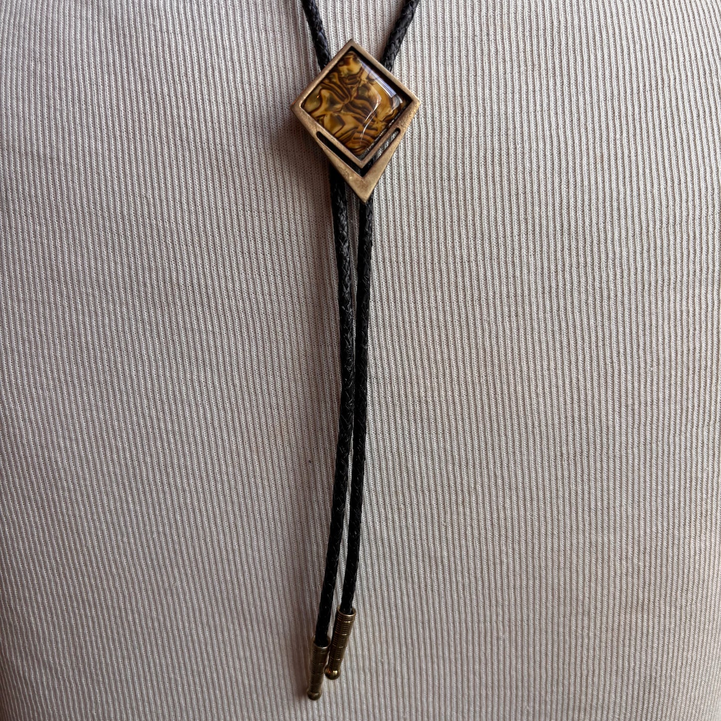 Vintage Faux Tiger Eye Bolo on Black Leather Tie