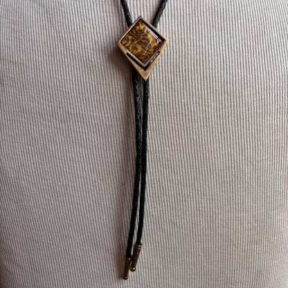 Vintage Faux Tiger Eye Bolo on Black Leather Tie