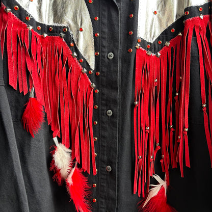 Black and Red Bedazzled Denim Shirt Dress