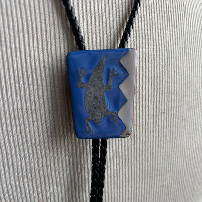 Enamel Lizard Bolo on Black Leather Tie