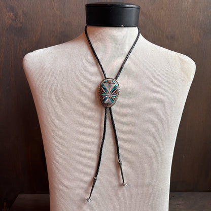 Vintage Abalone and Turquoise Bolo and Black Leather Tie