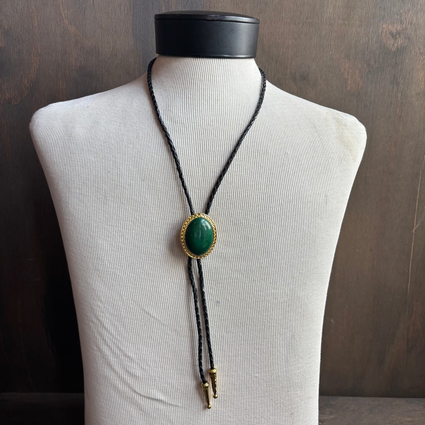 Green Oval Stone Bolo on Black Leather Tie