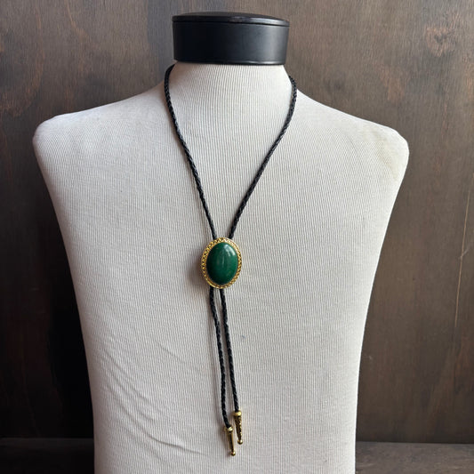 Green Oval Stone Bolo on Black Leather Tie