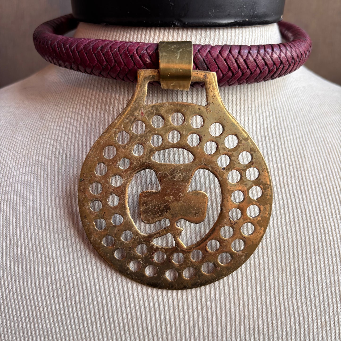 Mac Warman Vintage Brass Clover Medallion Burgundy Leather Collar Necklace