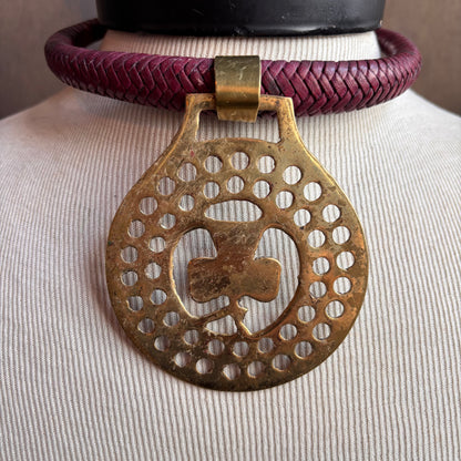 Mac Warman Vintage Brass Clover Medallion Burgundy Leather Collar Necklace