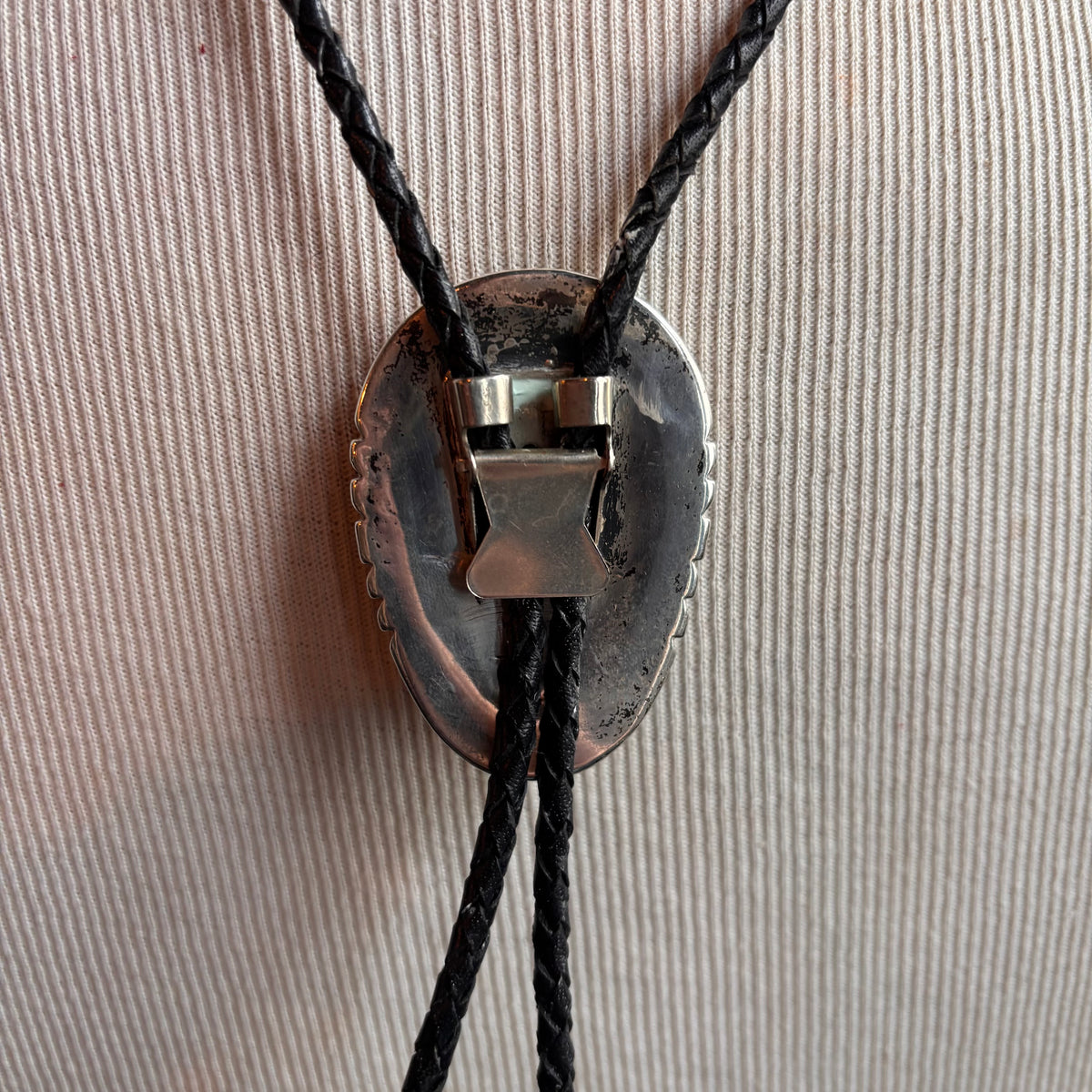 Vintage Abalone and Turquoise Bolo and Black Leather Tie