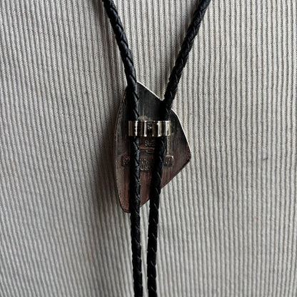 Abstract Green and Silver Bolo on Black Leather Tie