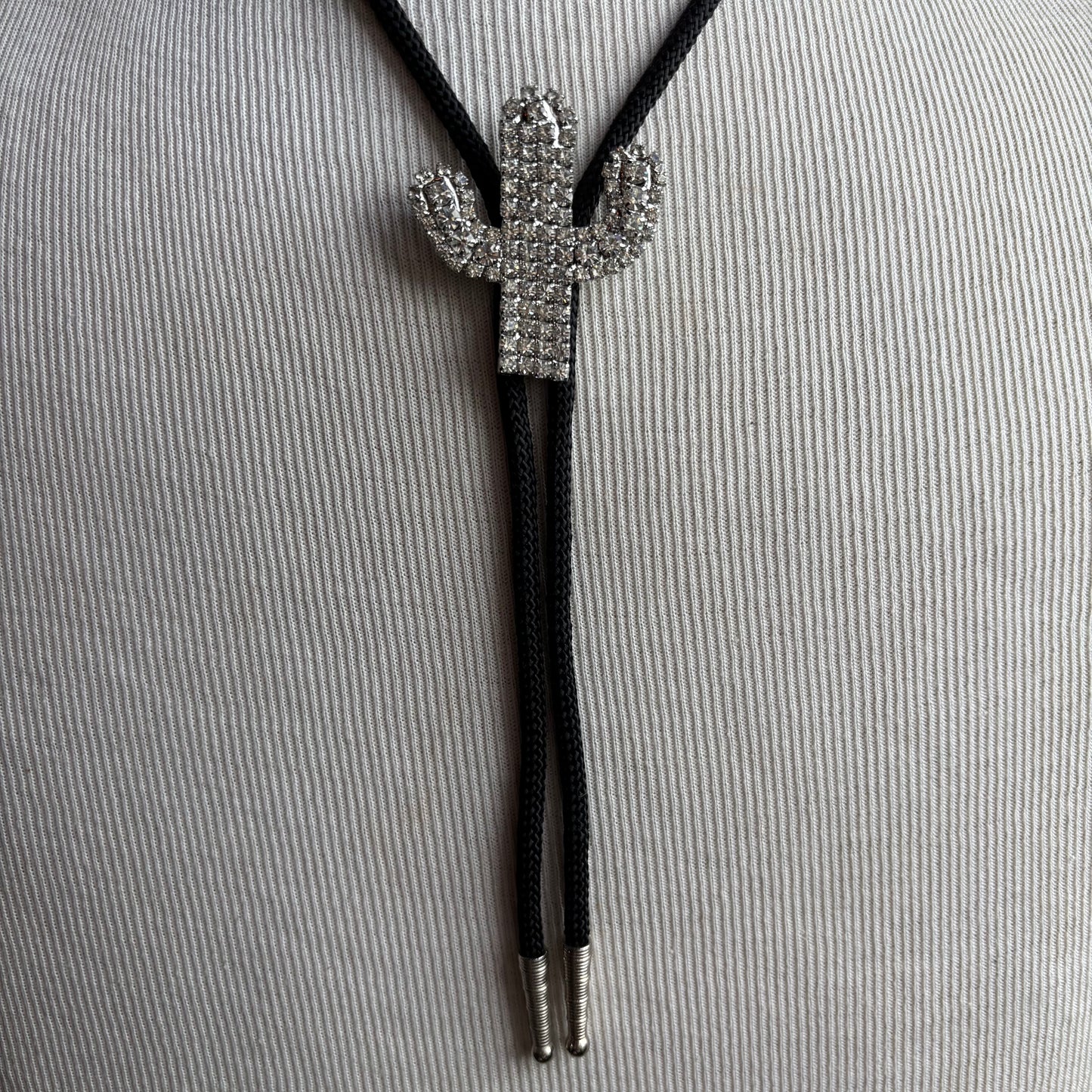 Rhinestone Cactus Bolo on Black Tie
