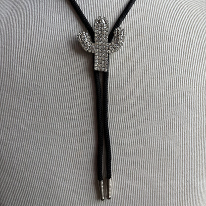 Rhinestone Cactus Bolo on Black Tie