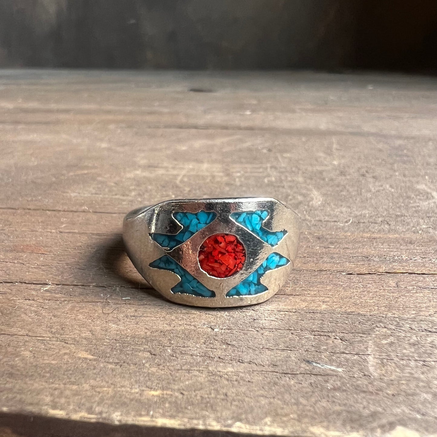 Faux Silver Turquoise and Jasper Chip Southwestern Ring