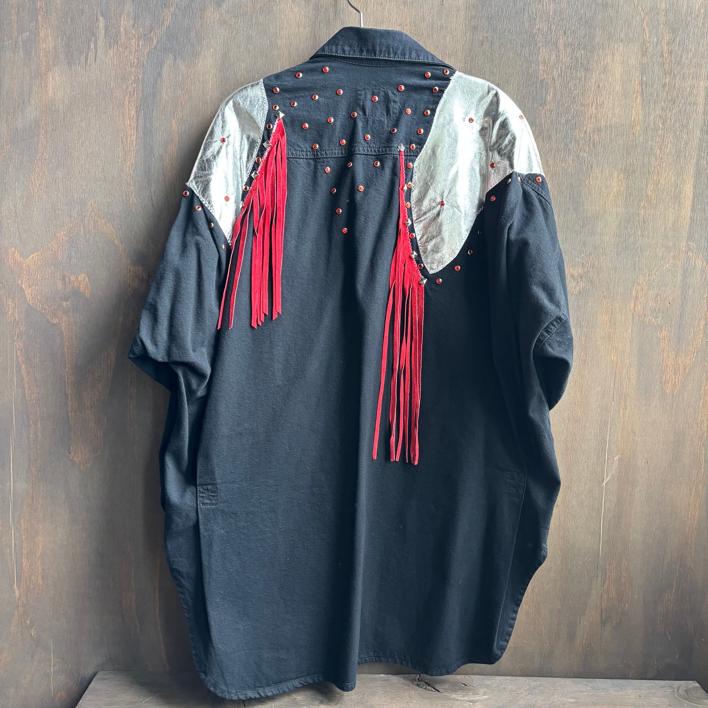 Black and Red Bedazzled Denim Shirt Dress