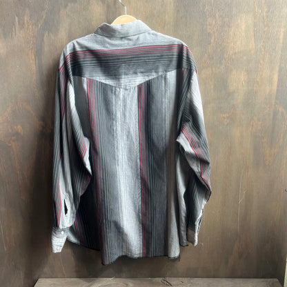 Grey Red and Black Striped Wrangler Pearl Snap