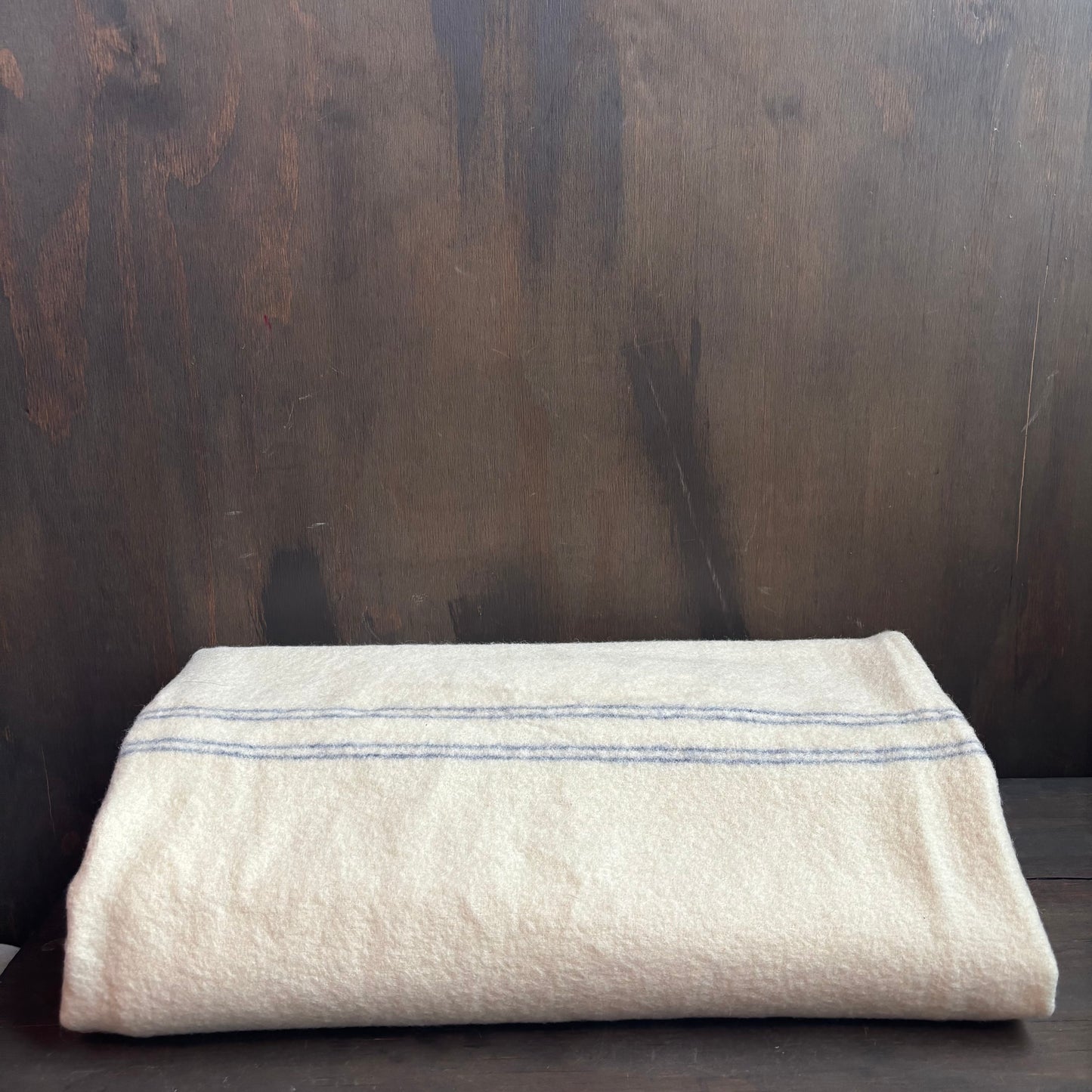 Cream Wool Blanket with Light Blue Stripe
