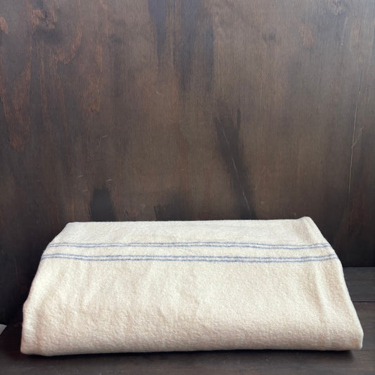 Cream Wool Blanket with Light Blue Stripe