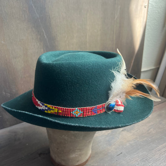 Emerald Green Hat with Beaded Hat Band and Feather