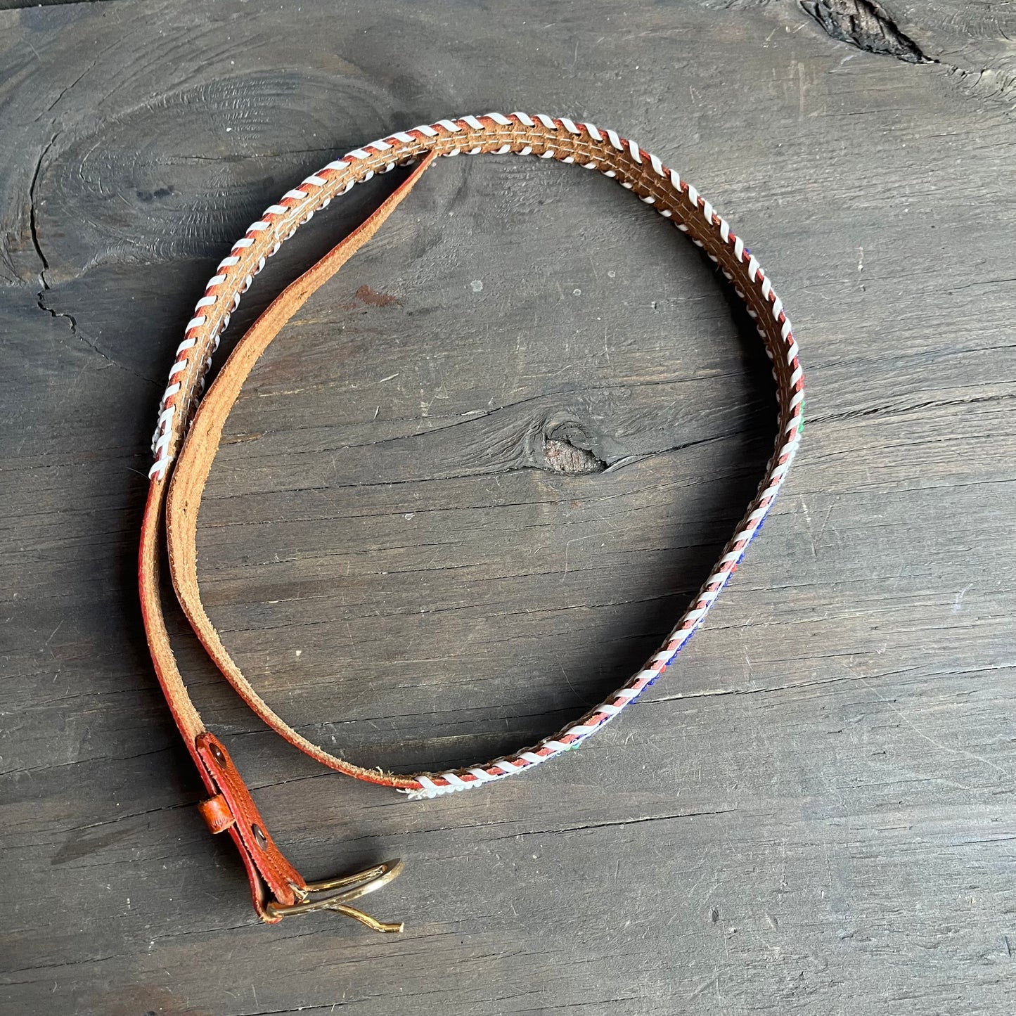 Beaded brown leather belt