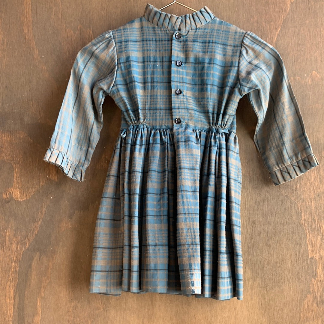 Vintage kids blue & grey button-back plaid dress