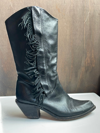 Black Leather Boots with Fringe