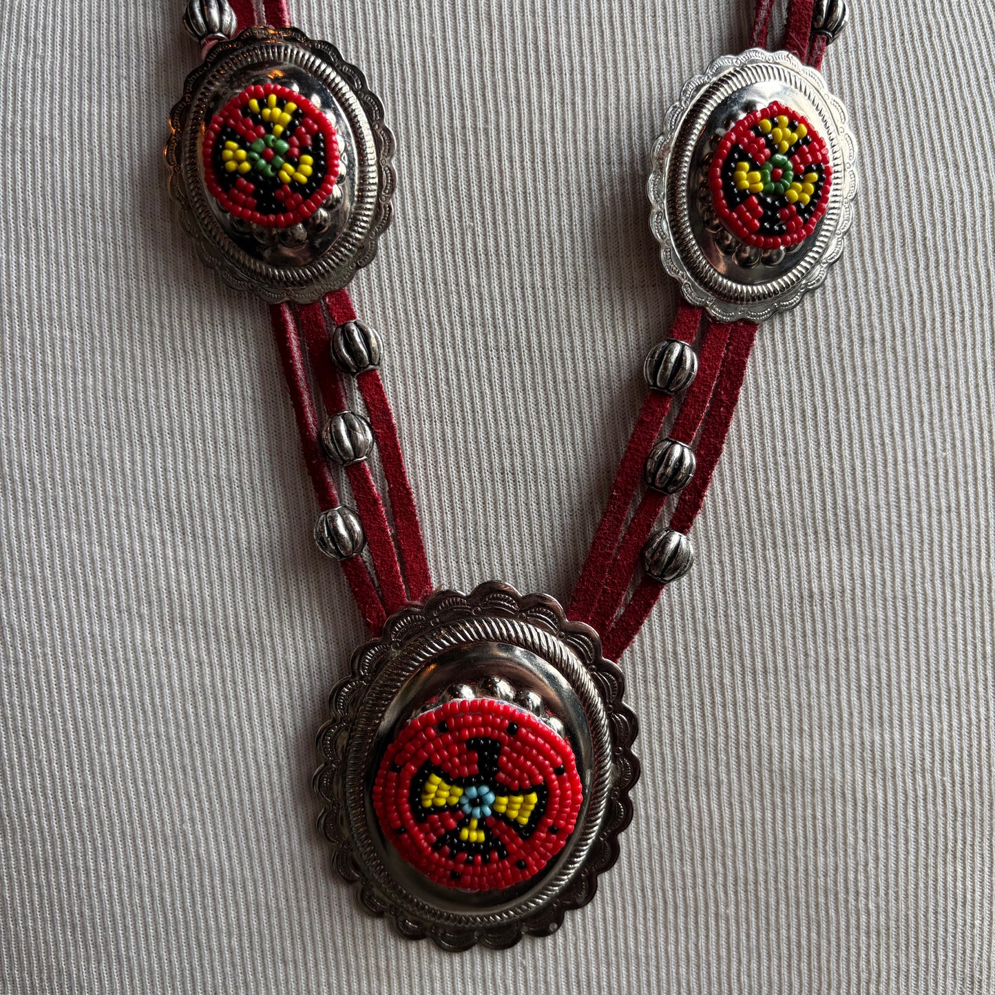 Red Leather Beaded Concho Necklace