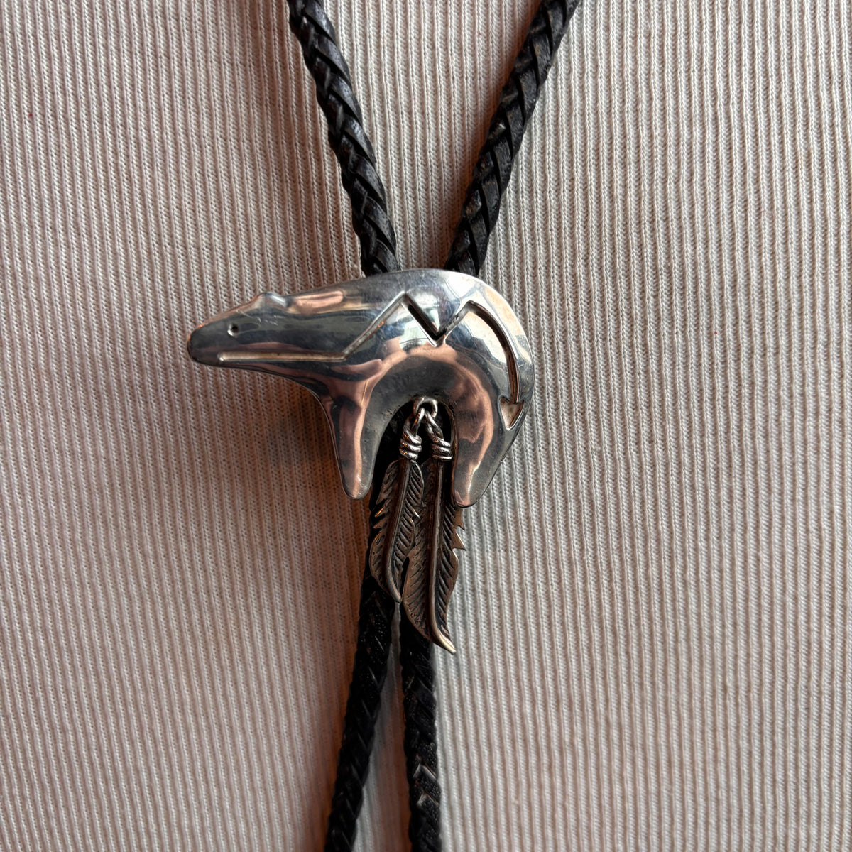 Vintage Silver Bear Bolo on Black Leather Tie