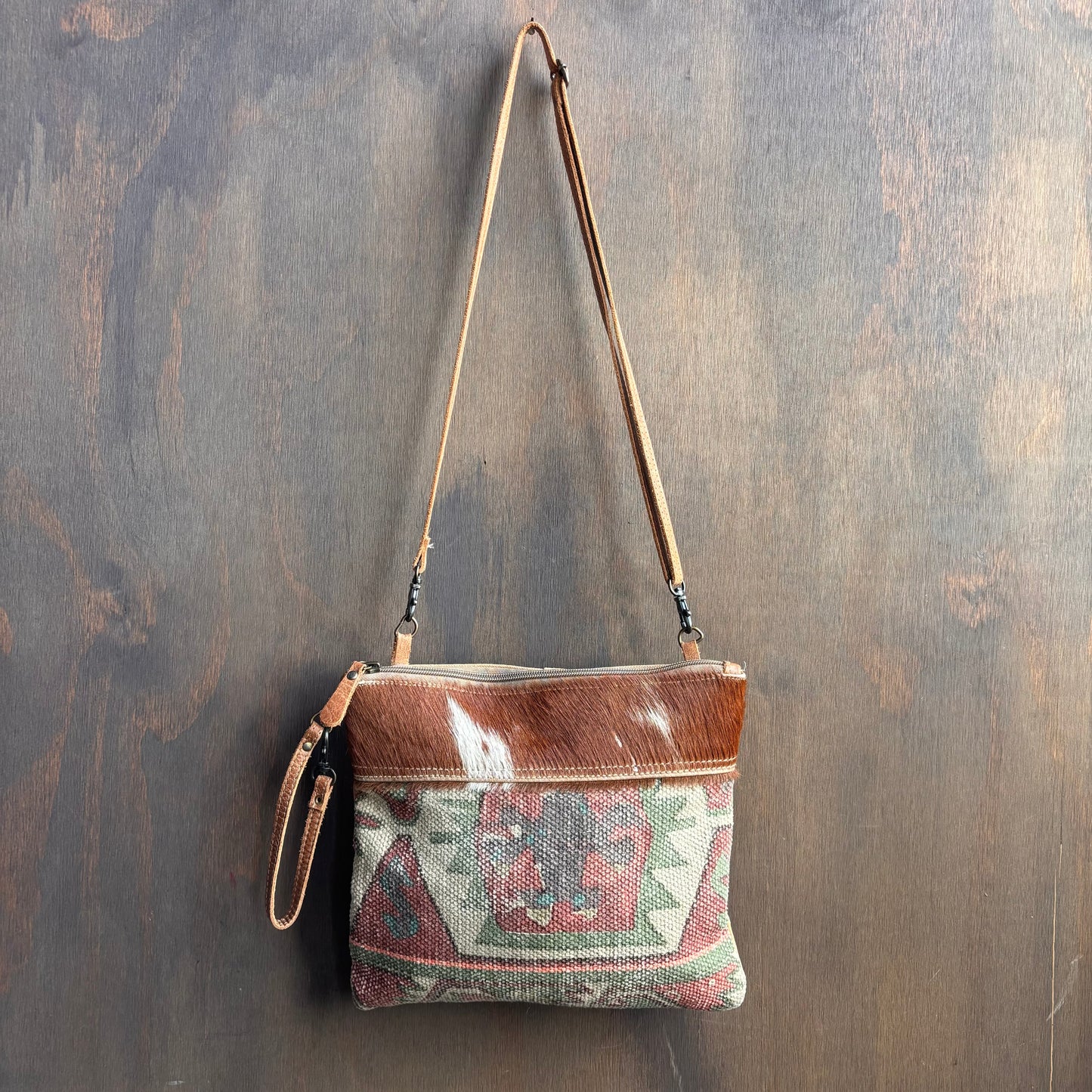 Cowhide Trim Woven Crossbody Bag