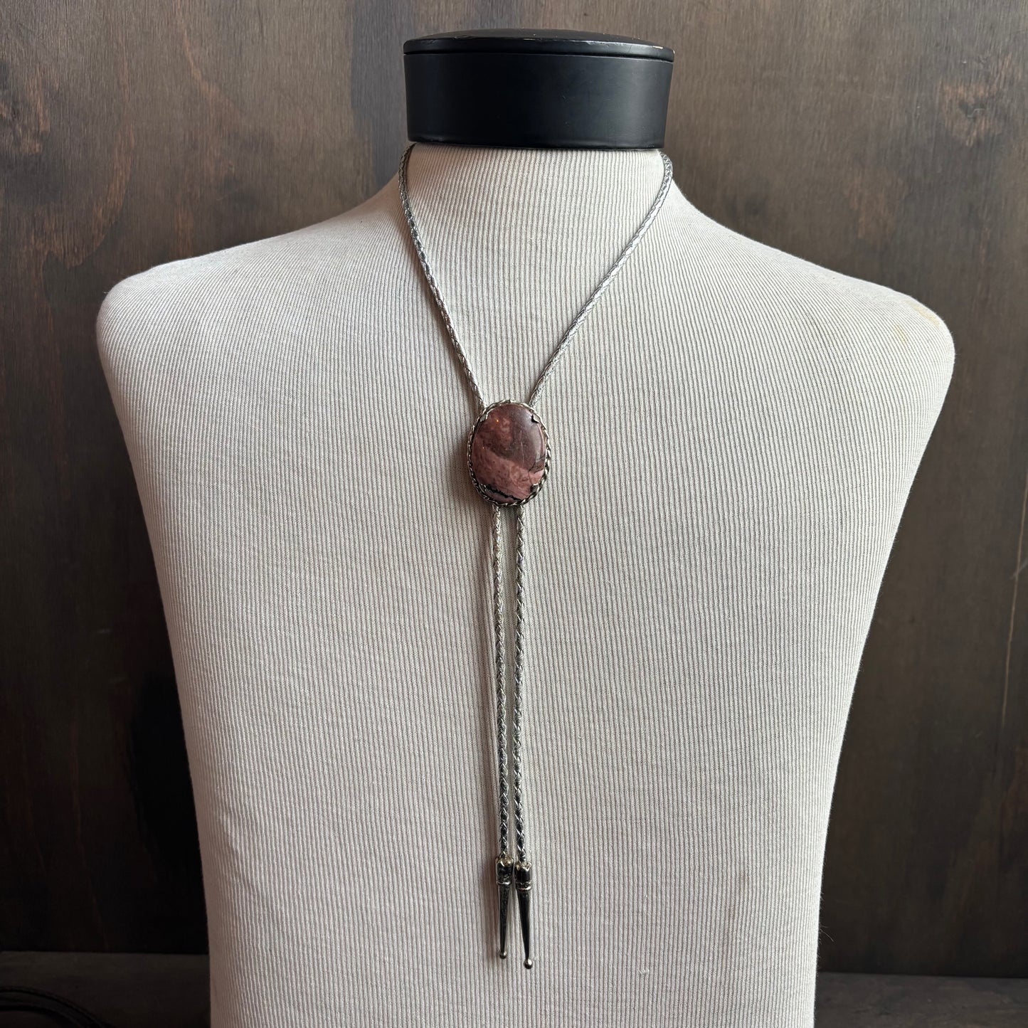 Oval Rhodonite Bolo on Silver Tie