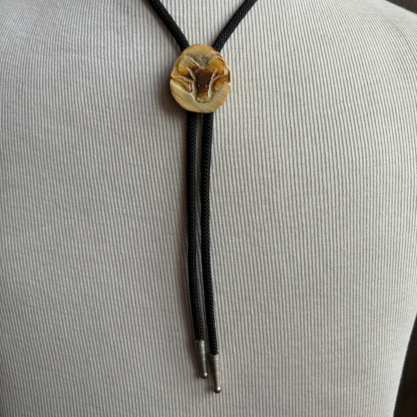 Wood Burn Ram Bolo on Black Tie