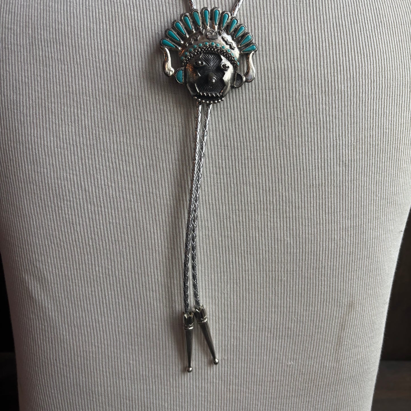 Indigenous Chief Turquoise Bolo on Silver Tie