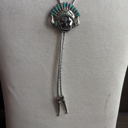 Indigenous Chief Turquoise Bolo on Silver Tie
