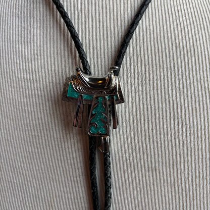 Silver Saddle Bolo on Black Leather Tie