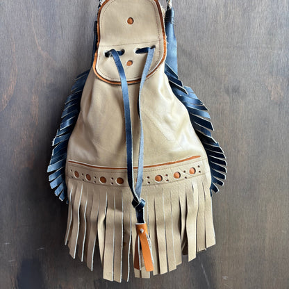 Beige and Navy Leather Fringe Bag