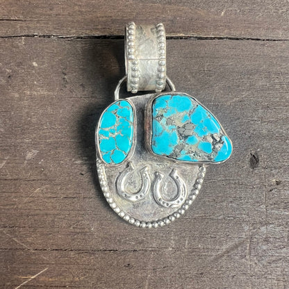 Silver Pendant with Turquoise and Horseshoes