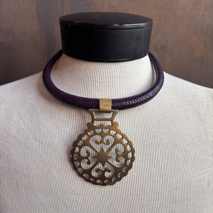 Mac Warman Vintage Brass Star Medallion Purple Leather Colar Necklace