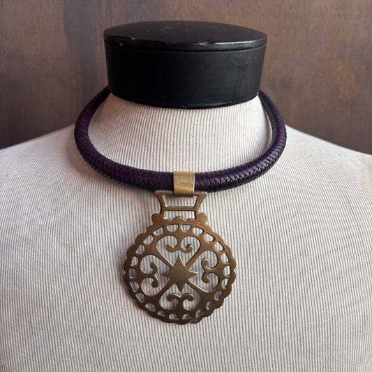 Mac Warman Vintage Brass Star Medallion Purple Leather Colar Necklace