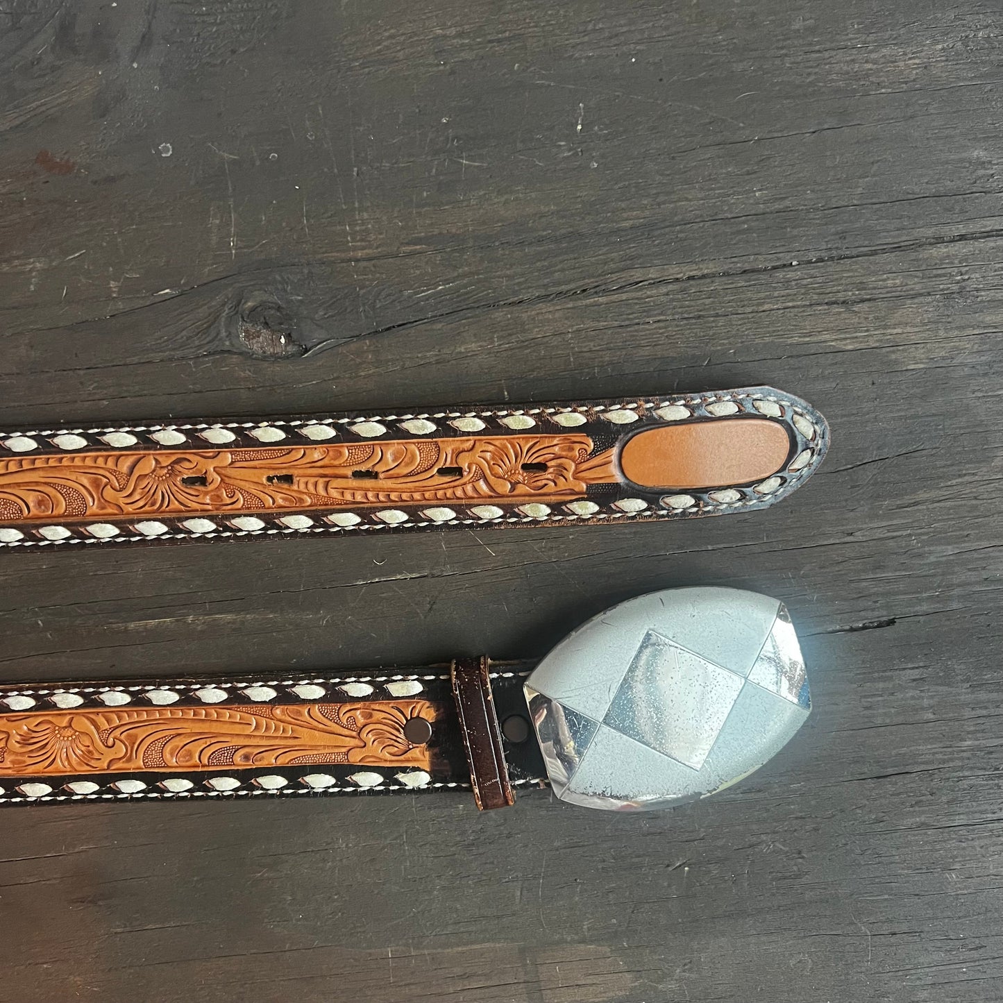 Tony Lama Tooled Leather Belt with Geometric Buckle