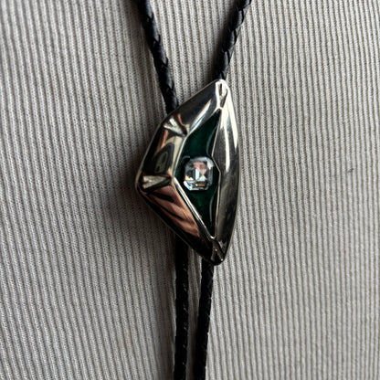 Abstract Green and Silver Bolo on Black Leather Tie