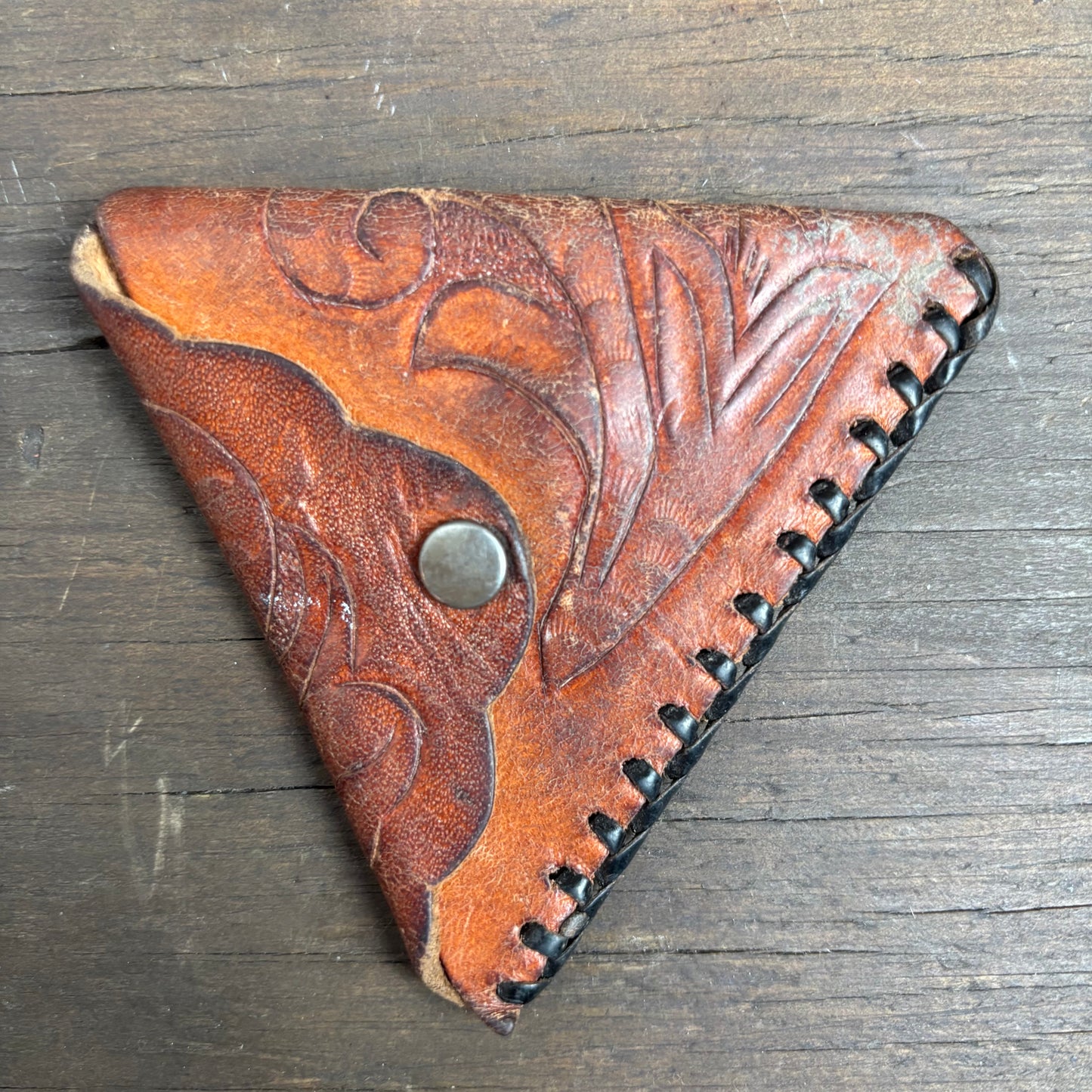 Triangular Tooled Leather Mini Pouch