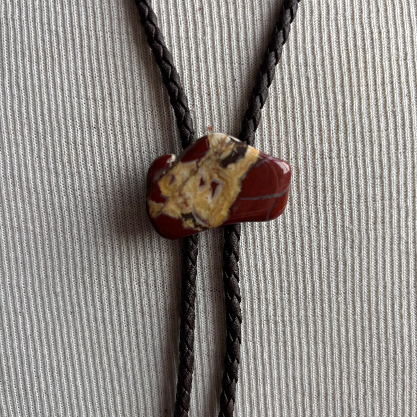 Polished Raw Edge Stone Bolo on Brown Tie