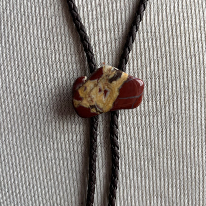 Polished Raw Edge Stone Bolo on Brown Tie