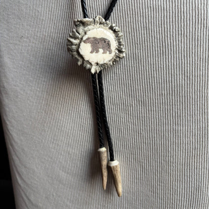 Bear Bolo on Black Leather Tie