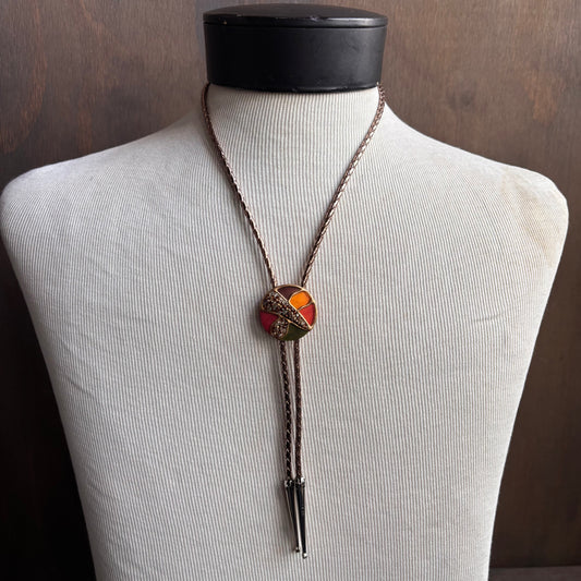 Colorful Circle Bolo on Gold Leather Tie