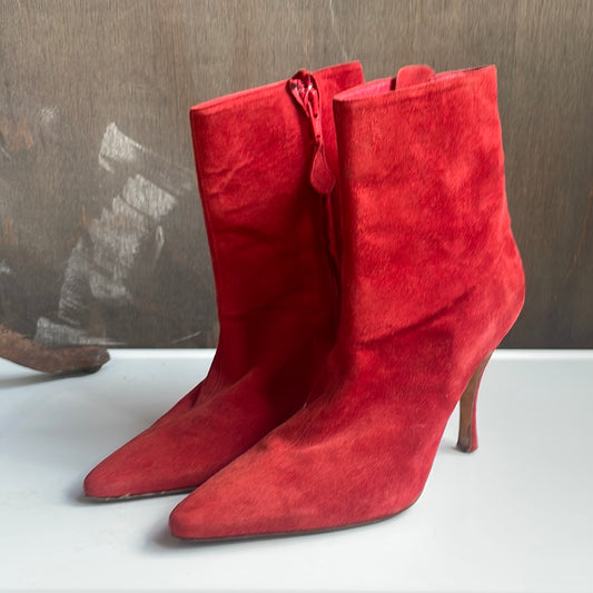 Red Suede Manolo Blahnik Heeled Booties