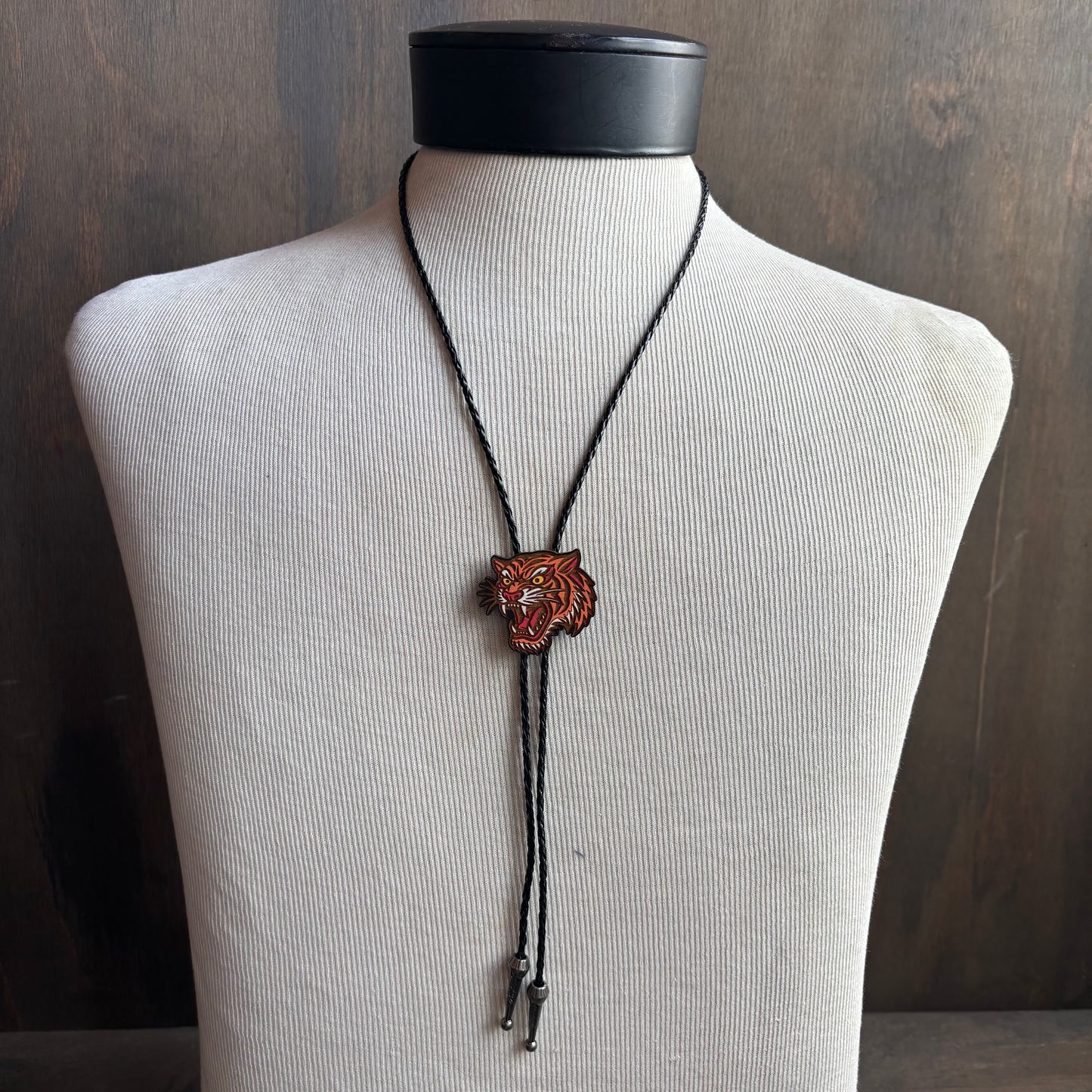 Hand Painted Tiger Bolo on Black Leather Tie