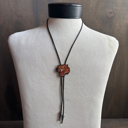 Hand Painted Tiger Bolo on Black Leather Tie