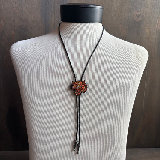 Hand Painted Tiger Bolo on Black Leather Tie