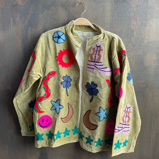 Chain stitch velvet jacket