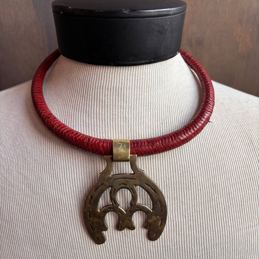 Mac Warman Vintage Brass Triple Horseshoe Medallion Red Leather Collar Necklace